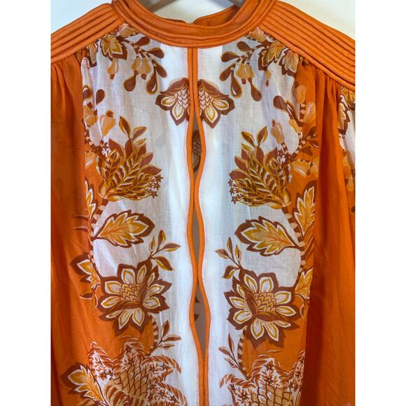 Farm Rio Aura Piping Trim Floral Print Blouse in Floral Orange Print, NWT Size M - Picture 4 of 9